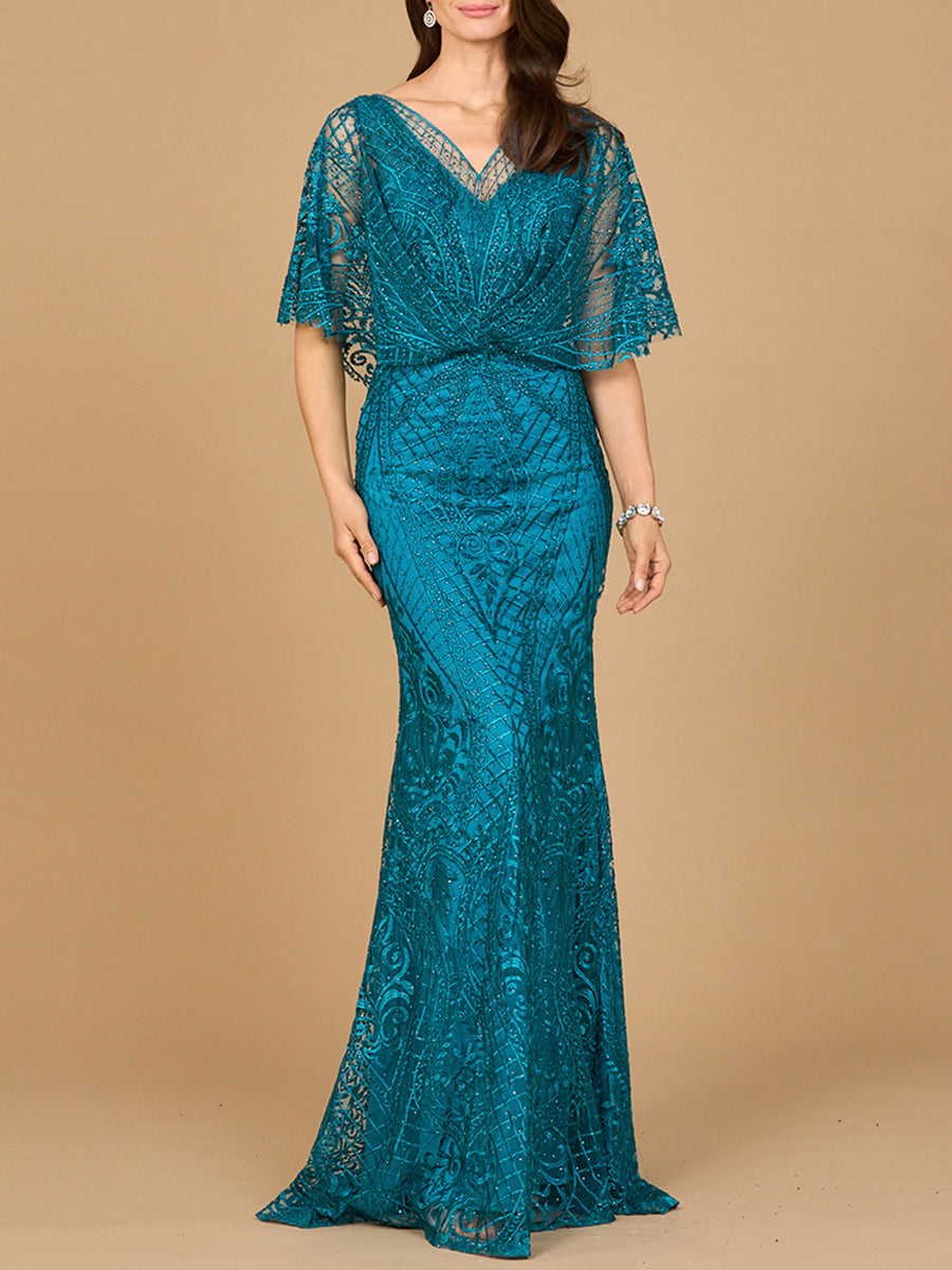 Cape Sleeve Mermaid Gown | 29673 Teal