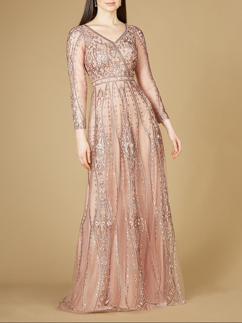 Lara 29788 - Long Illusion Sleeves, A-line Long Gown Mauve