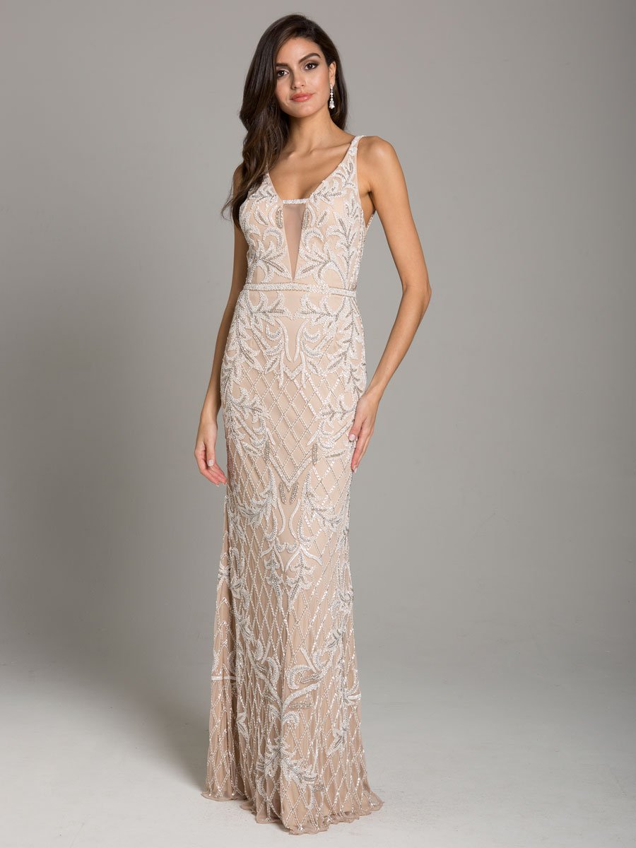 Lara Beverly Long Beaded Low Back V Neck Sleeveless Dress Nude Ivory