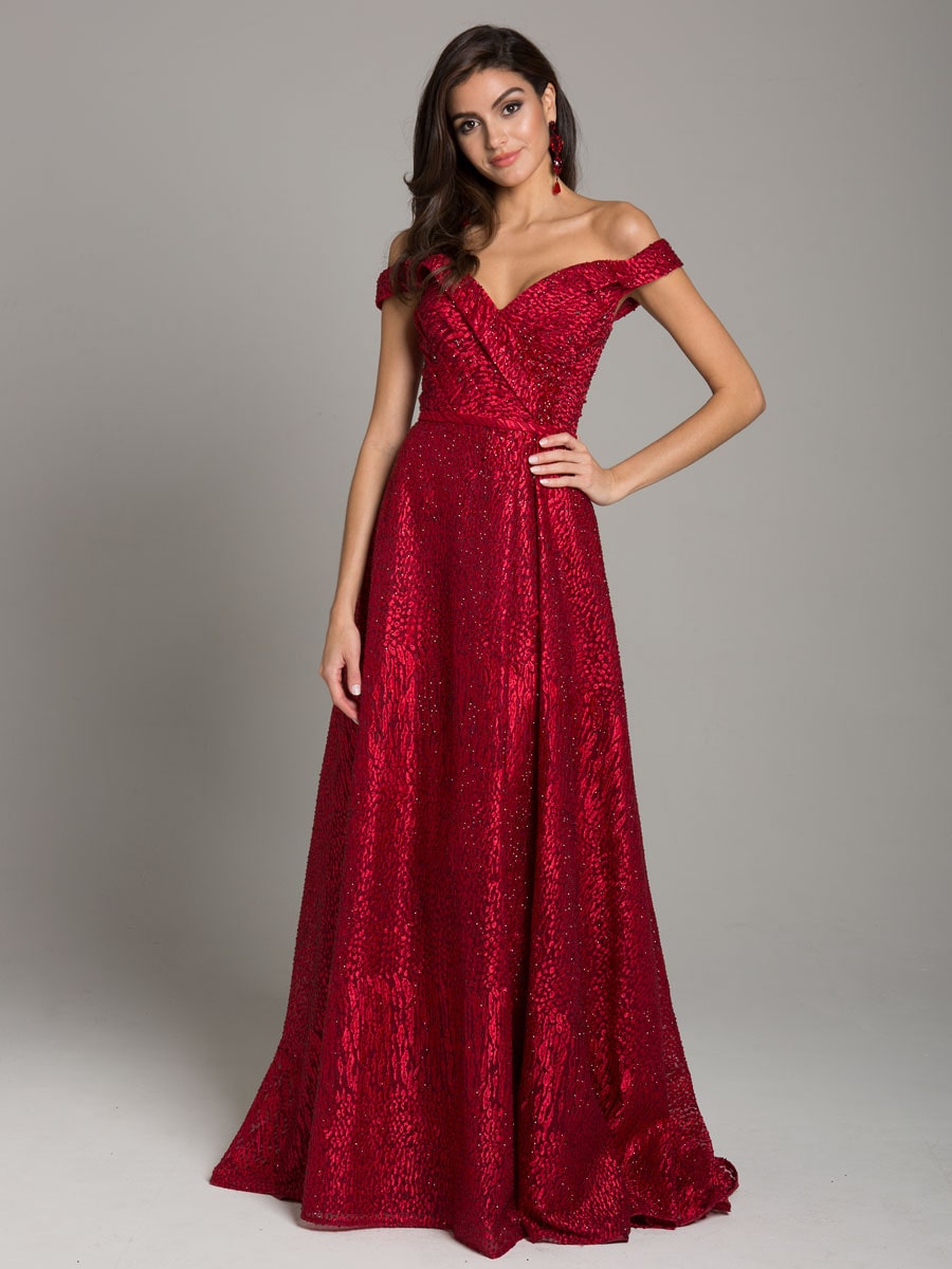 Tonal Beaded Off Shoulder Ballgown | 29349 Dark Red