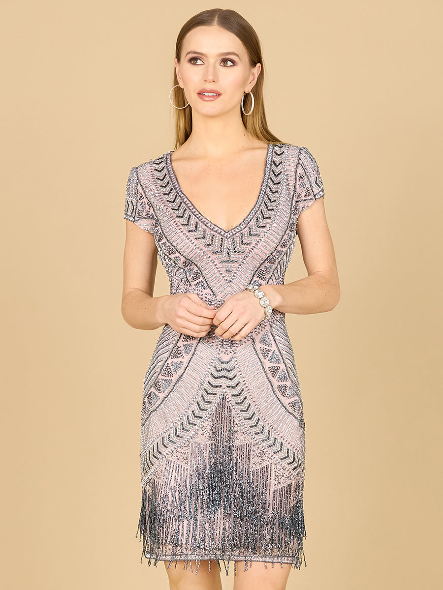 Lara Brooklyn Beaded Fitted Short Dress with Open Back | 29889 Blush