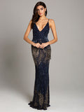 Lara Danika Floral Beaded Sheath Beaded Dress with Beaded Fringe Navy