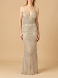Body Con V-neck Beaded Dress | Lara 29904 Nude Silver