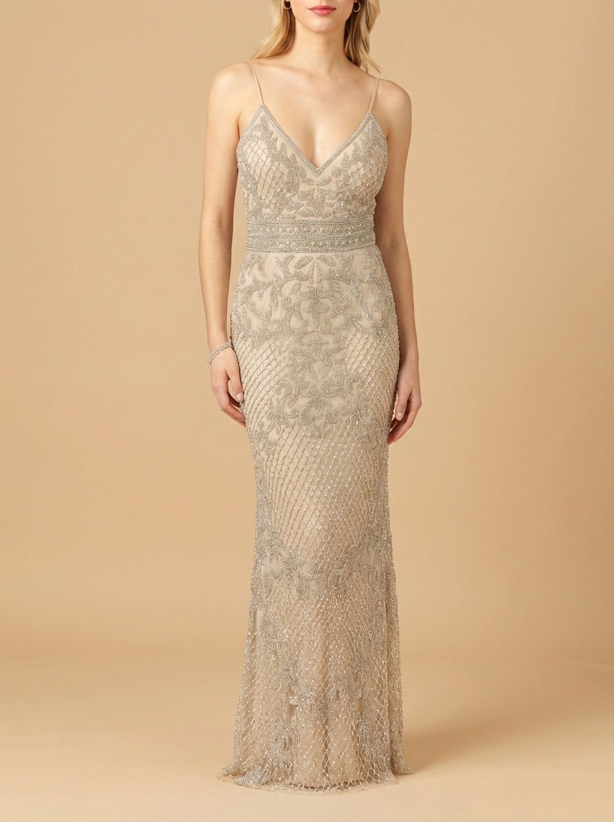 Body Con V-neck Beaded Dress | Lara 29904 Nude Silver