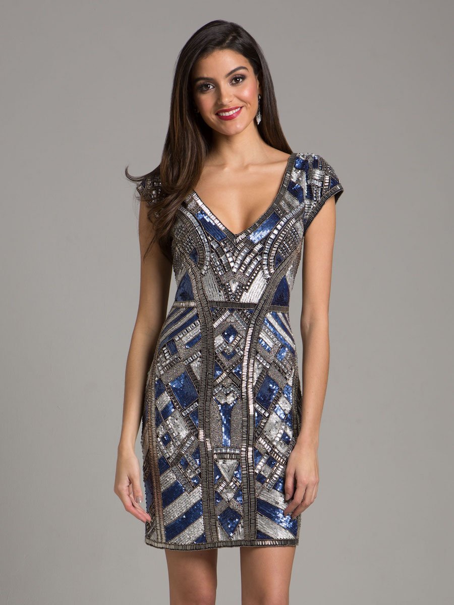 Lara 29909 - Beaded, V-neck Mini Dress Navy Silver