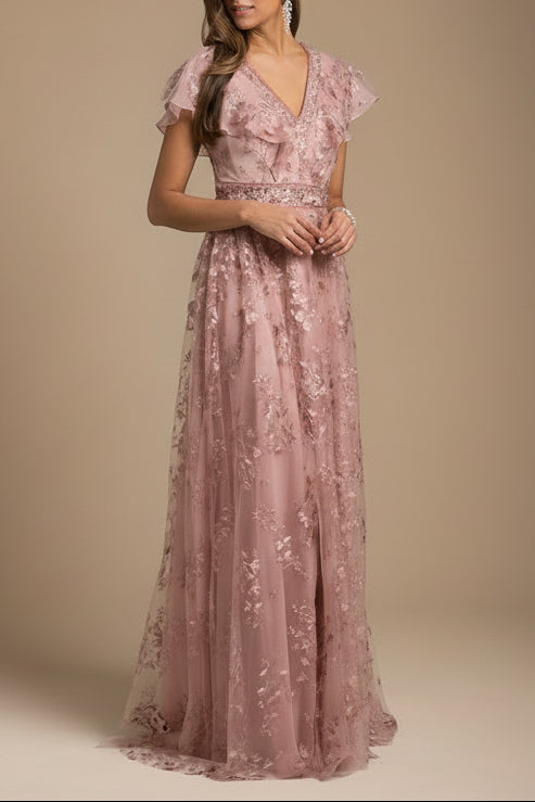 Lara 29966 - Lace, V-Neck Dress Mauve
