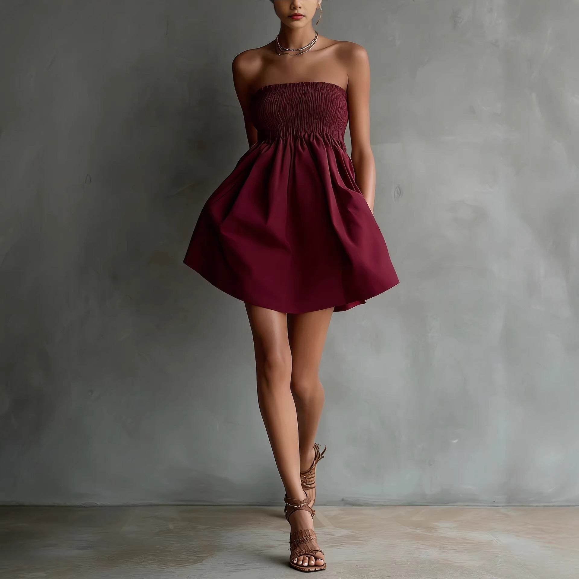 Women's Strapless Tube Mini Dress – Solid Color Elastic Waist Wine Red