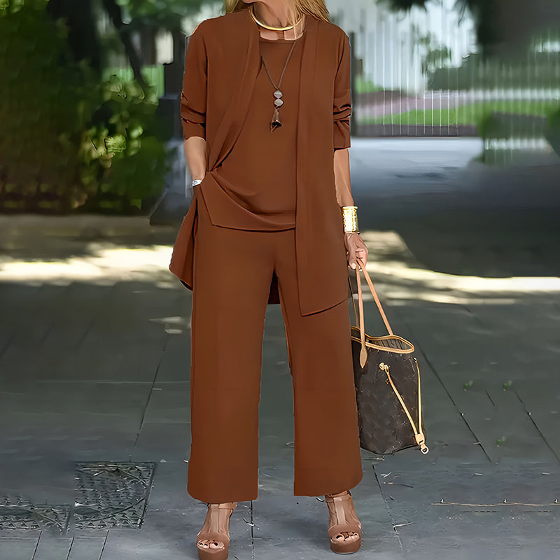 Women's Plus Size 3-Piece Lounge Set – Cardigan, Vest & Wide-Leg Pants Brown