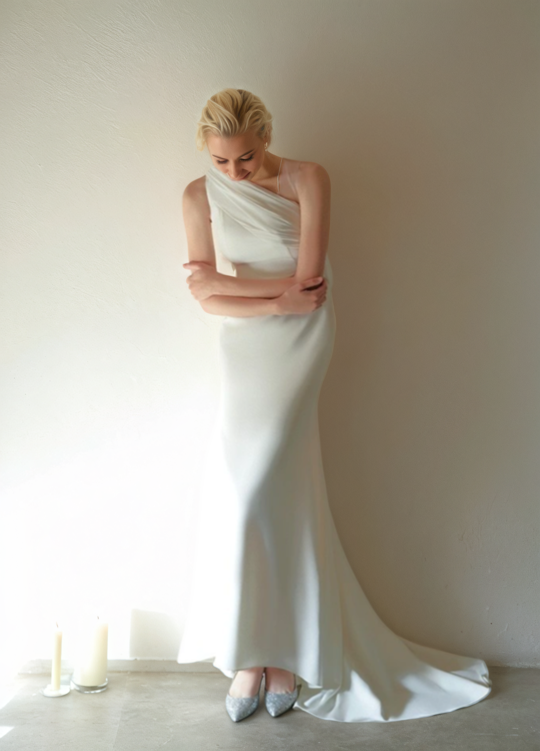 Minimalist One-Shoulder Silky Satin Wedding Dress with Draped Back Off-white