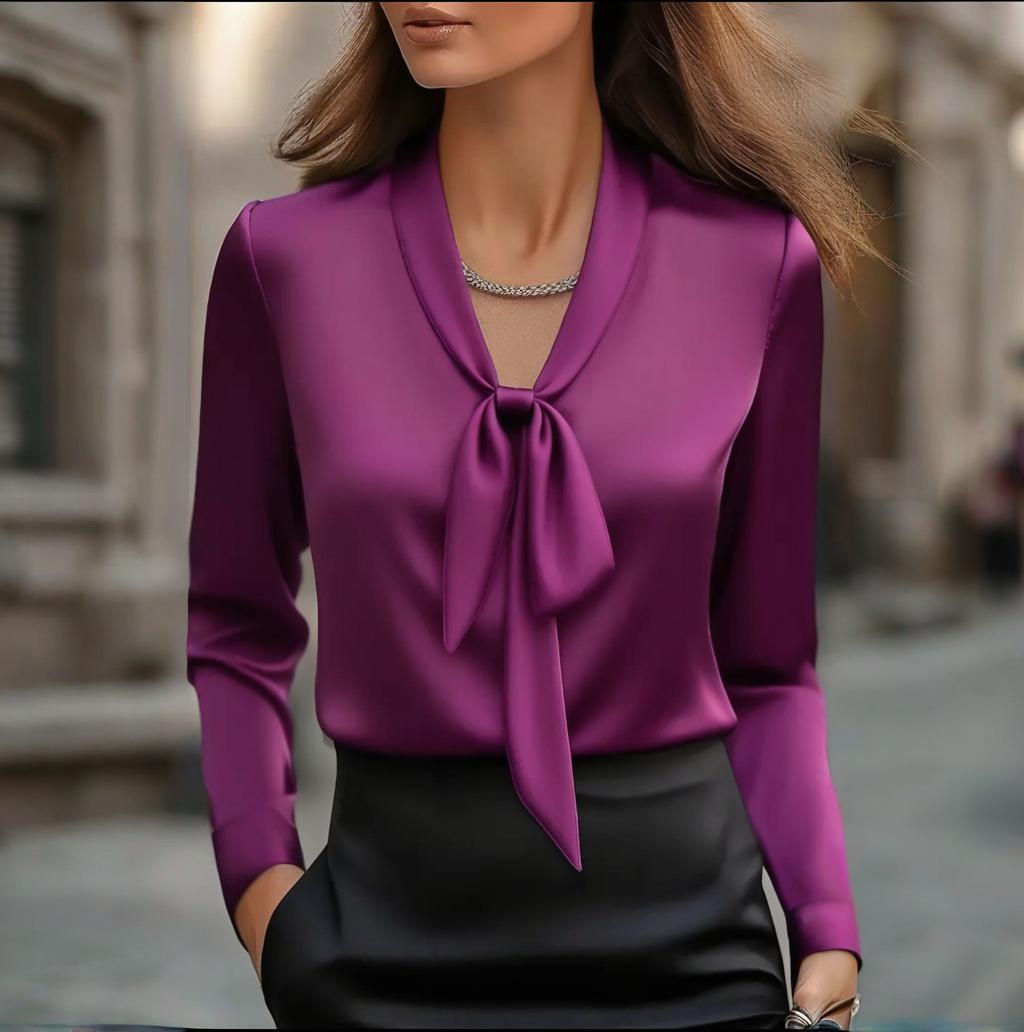 Elegant Satin Ribbon Blouse — Long Sleeve Button-Down Work Shirt Purple