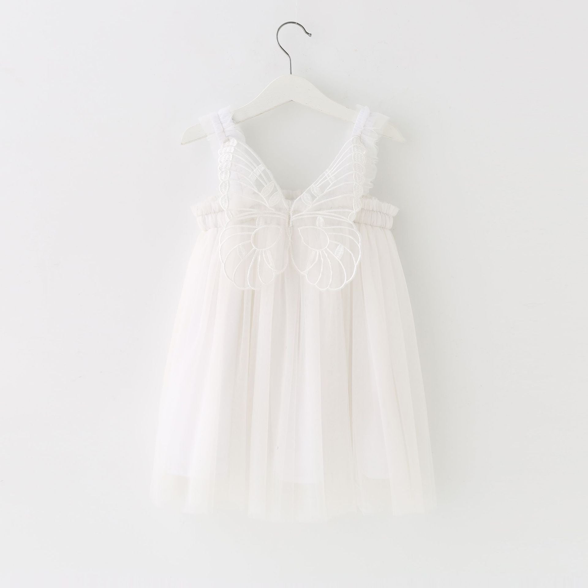 Children's Mesh Dress Sling Birthday Dress Pettiskirt Three-dimensional Angel Wings Fairy Fashionable Skirt Ivory White