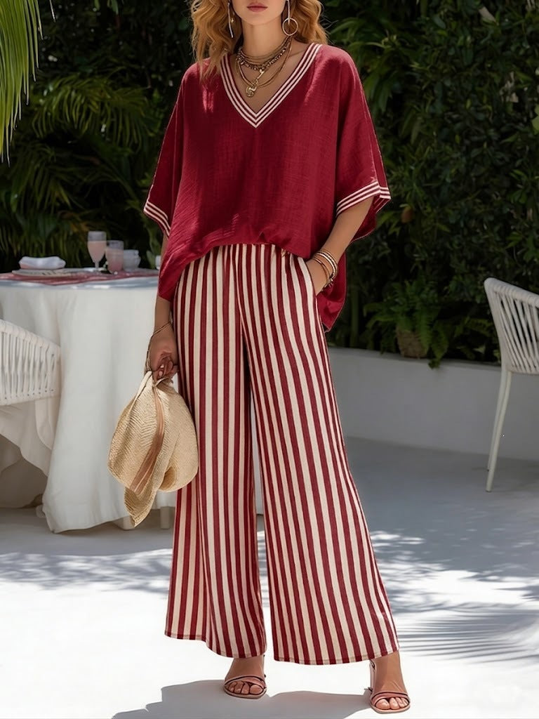 Women's Striped Tunic Top & Casual Trousers Two-Piece Set Red