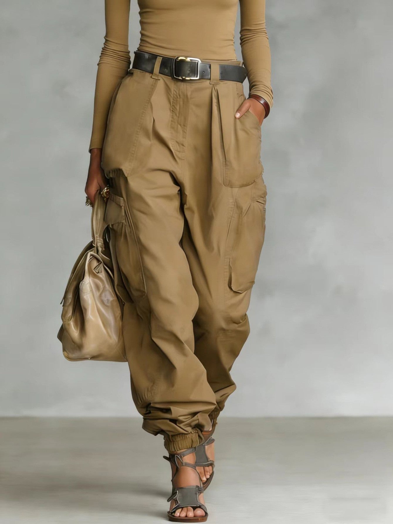 Women’s High-Waist Loose Fit Wide-Leg Casual Trousers Khaki