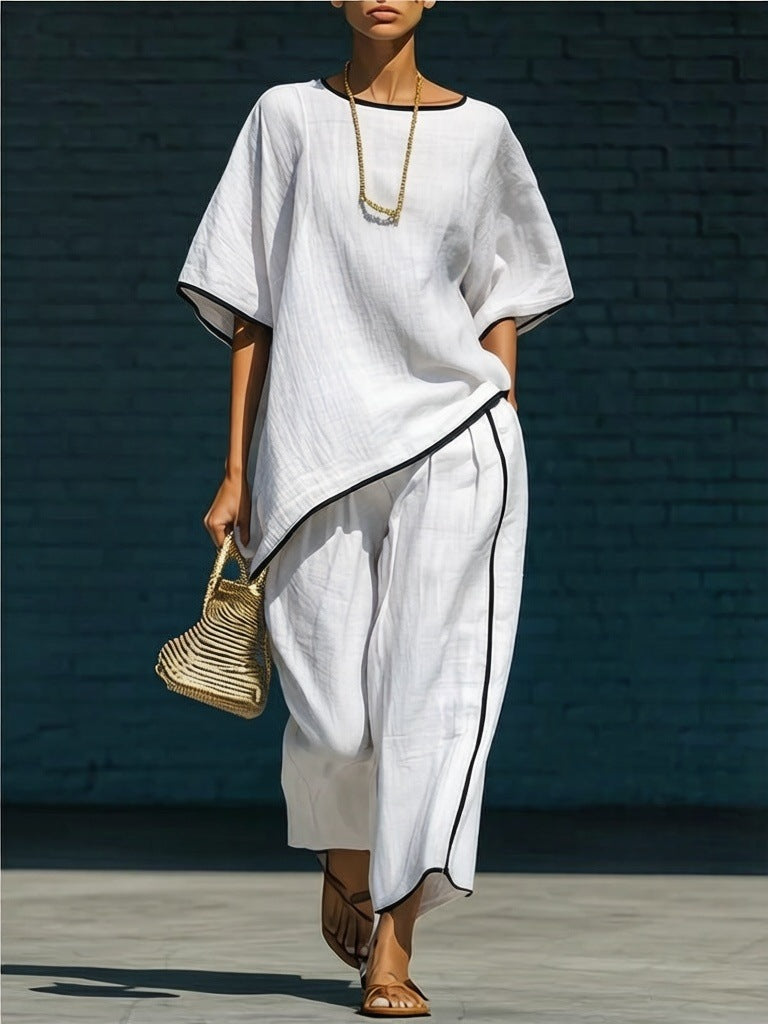 Women's Casual Resort Loose Short-Sleeve Top & Pants Set White