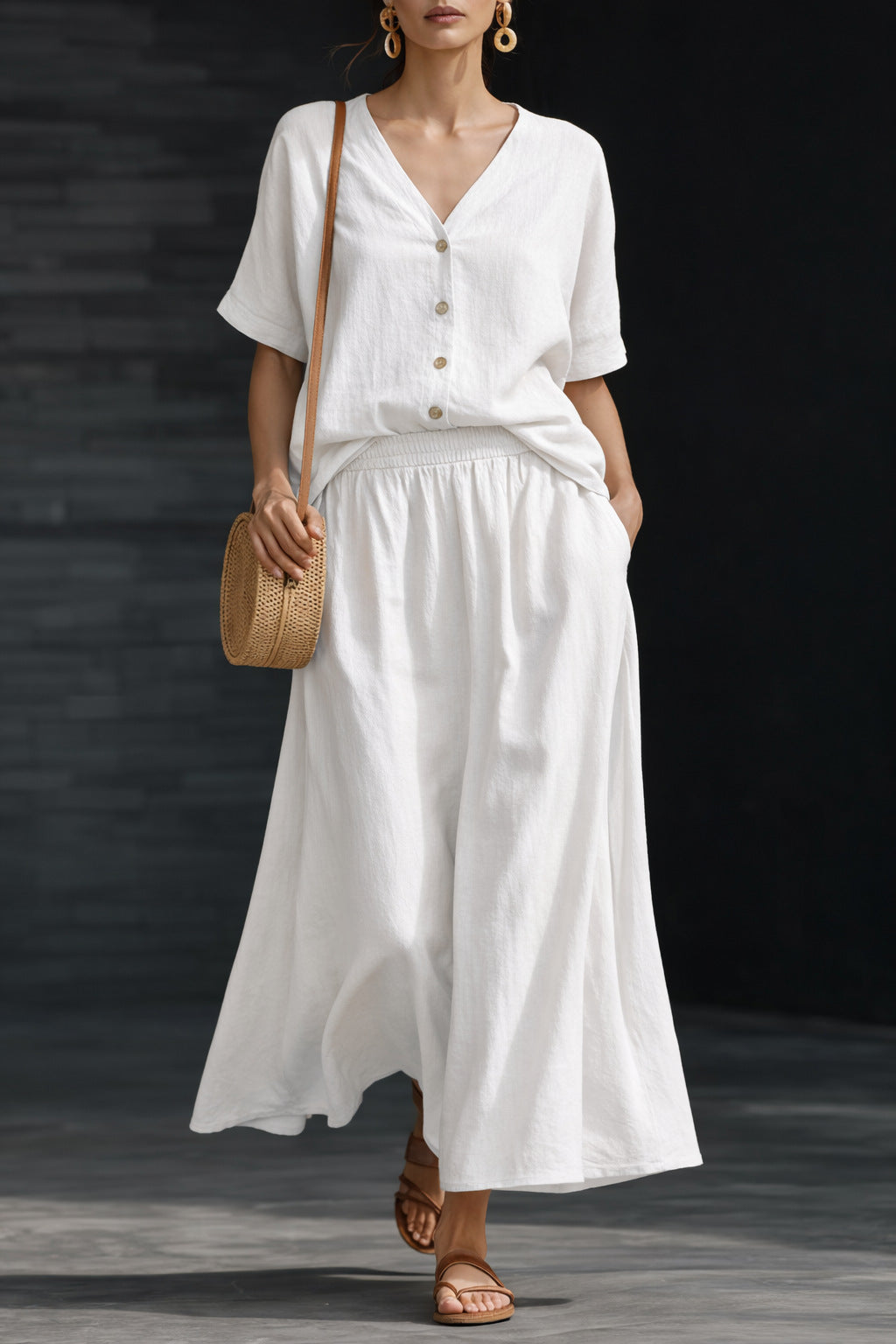 Women's Cotton-Linen V-Neck Button-Up Top & Long Skirt Set White