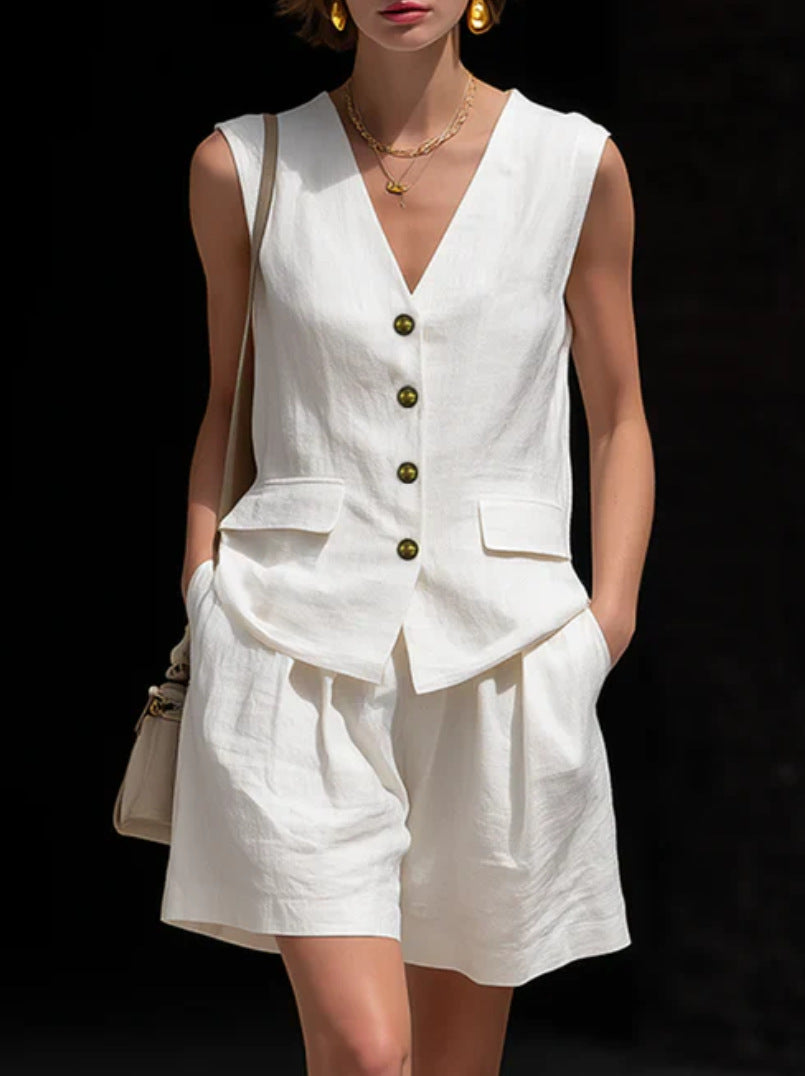 Women’s Cotton Linen Sleeveless Vest Top and Shorts Set White