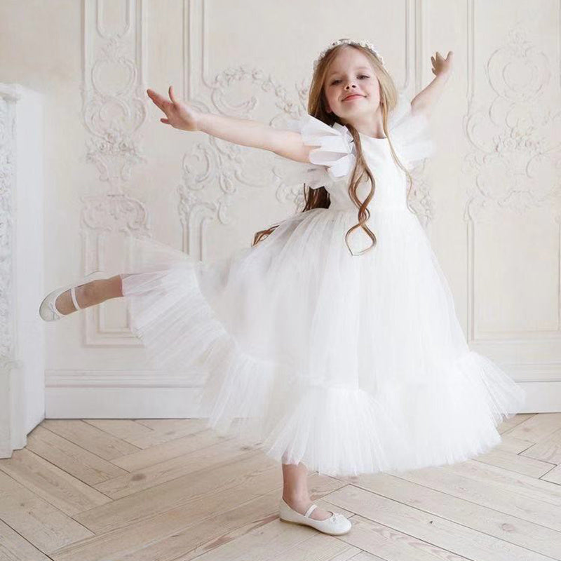 Girls' Birthday Princess Dress With Fluffy Yarn White