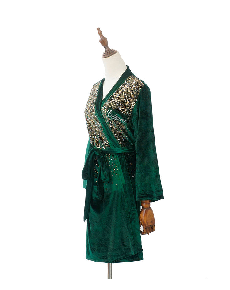 Luxurious Rhinestone Satin Custom Bridal and Bridesmaid Robe – Sparkling Elegance for Weddings Emerald Green