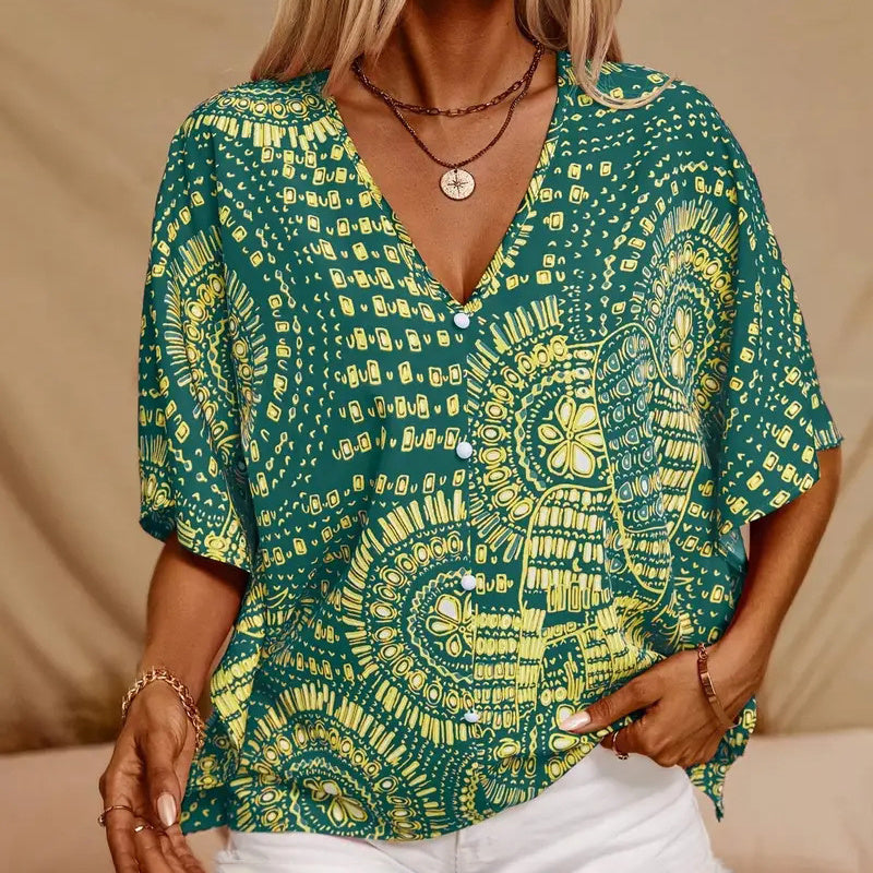Mandala Print V-Neck Blouse – Casual Vacation Top Green