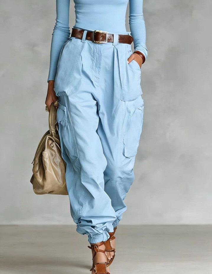 Women’s High-Waist Loose Fit Wide-Leg Casual Trousers Light Blue