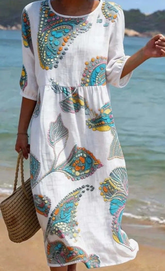 Women's 3D Floral Print Long-Sleeve A-Line Dress – Crew Neck Loose Fit BJ25603