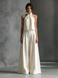 Loose-Fitting Sleeveless Top and Wide-Leg Pants Two-Piece Set. Beige