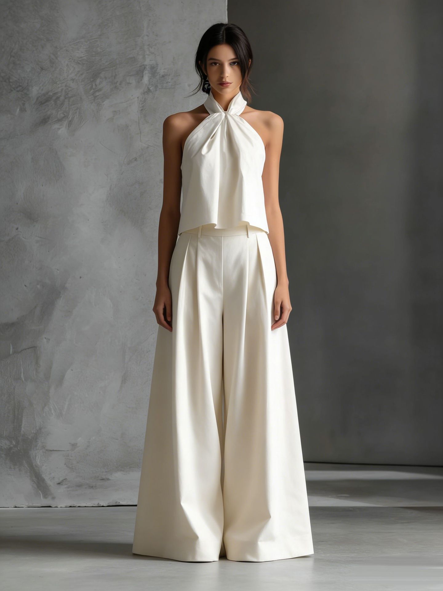 Loose-Fitting Sleeveless Top and Wide-Leg Pants Two-Piece Set. Beige