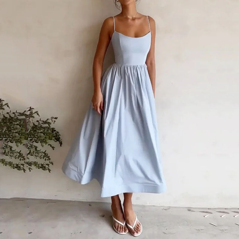 🌸 Women's Solid Color Printing Fresh Sweet Suspender Dress Blue