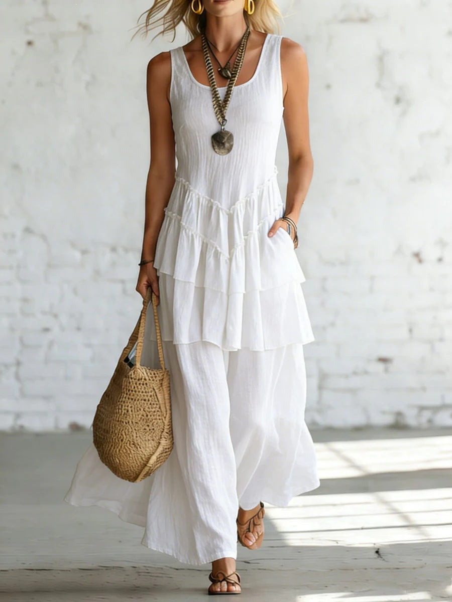 Women's Cotton Linen Sleeveless Loose Maxi Dress White