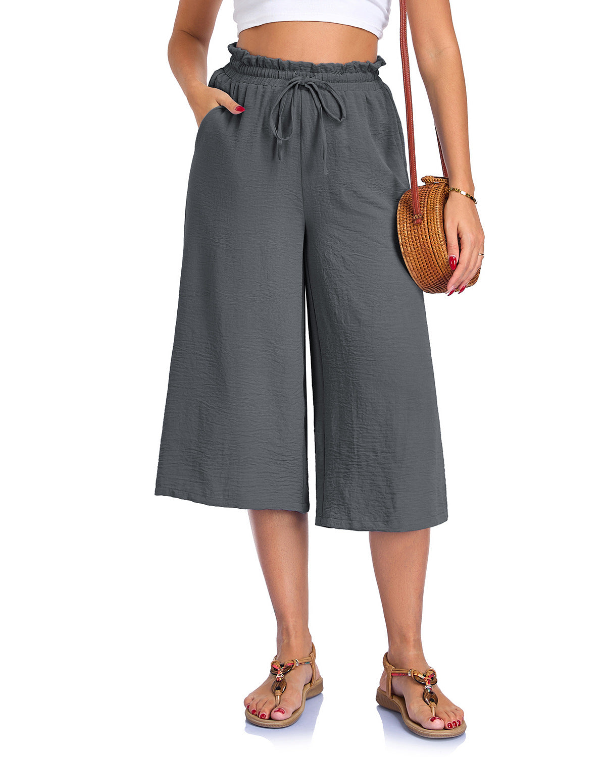 Women’s Elastic Cropped Wide-Leg Pants Gray