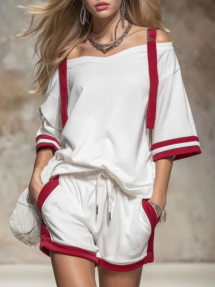 Women's Summer Contrast Color-Block Patchwork Shorts Set – 2-Piece White