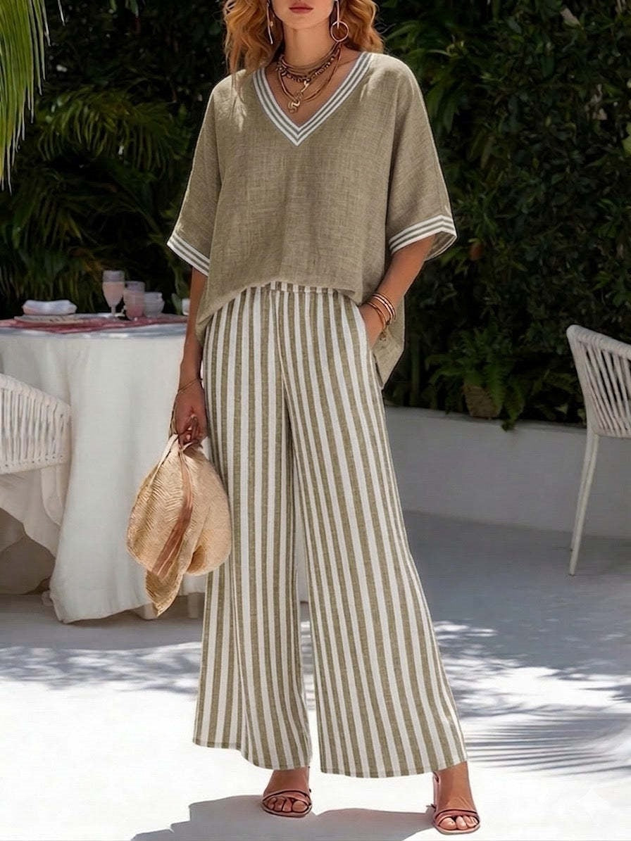 Women's Striped Tunic Top & Casual Trousers Two-Piece Set Gray
