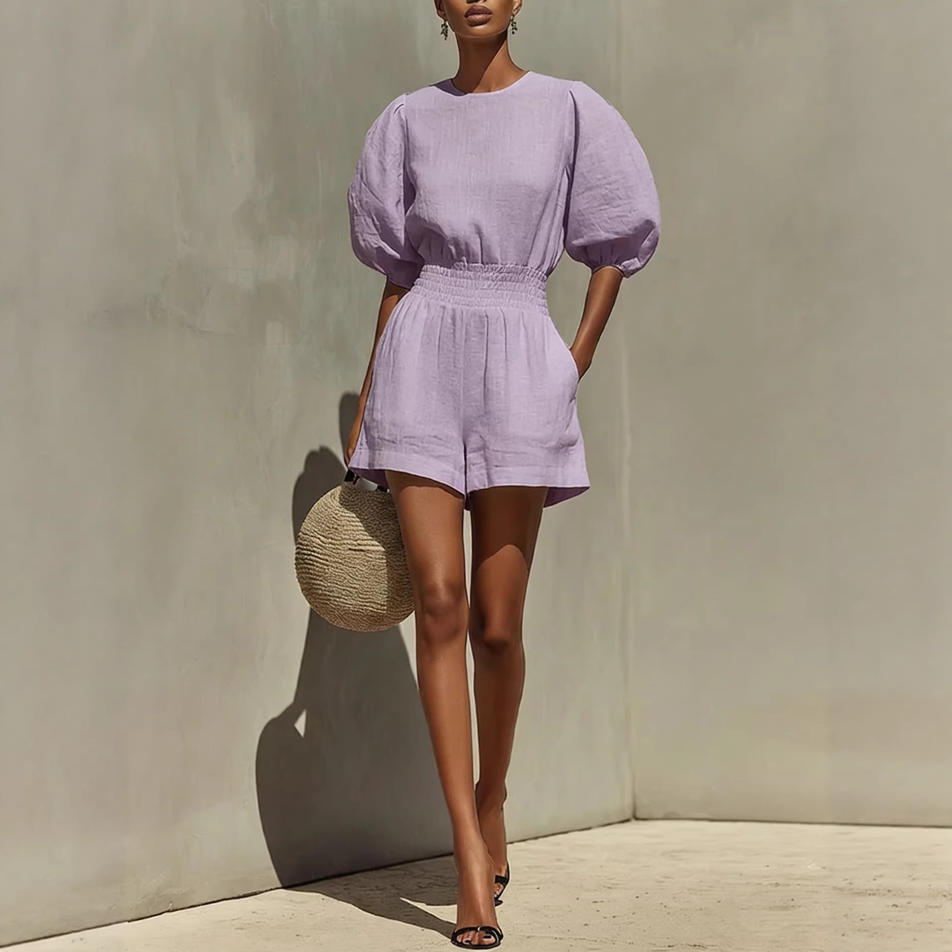 Women's Puff-Sleeve Top & Cropped Shorts Set – Casual Chic Purple
