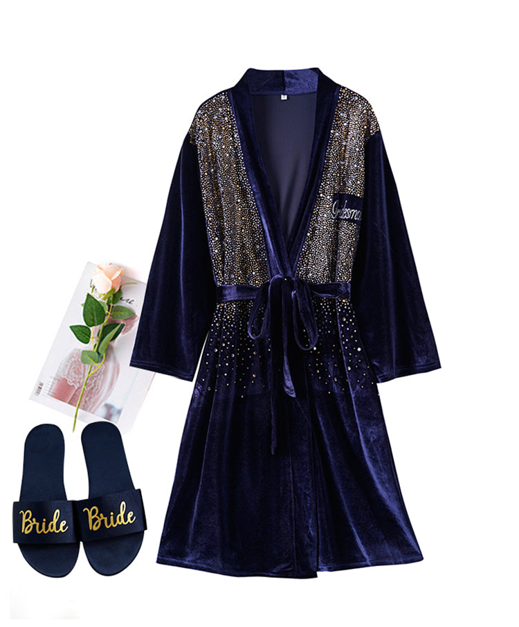 Luxurious Rhinestone Satin Custom Bridal and Bridesmaid Robe – Sparkling Elegance for Weddings Navy