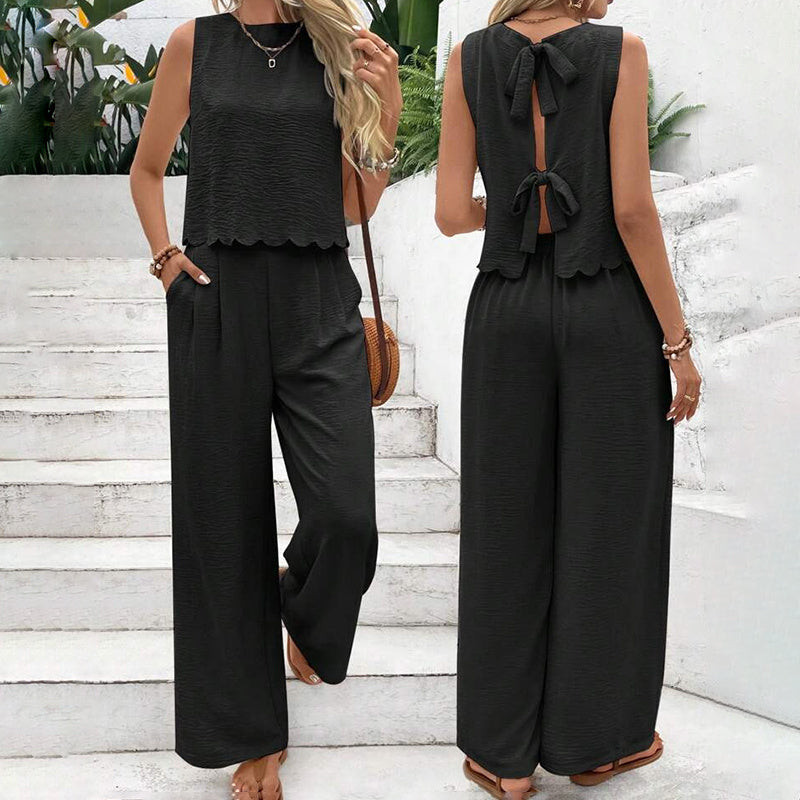 Elegant 2-Piece Matching Set, Sleeveless Crop Top And Wide Leg Pants Outfits Black