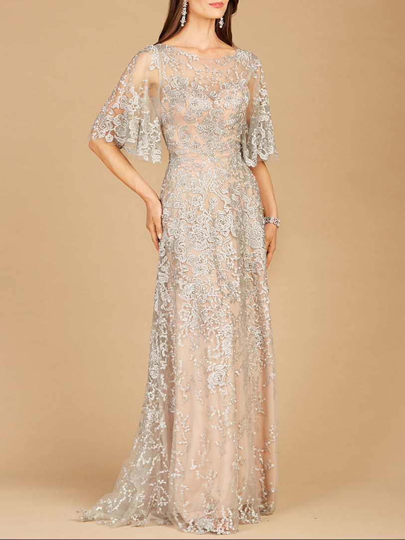 Lara 33277 - Cape Sleeve Mother's Gown Silver