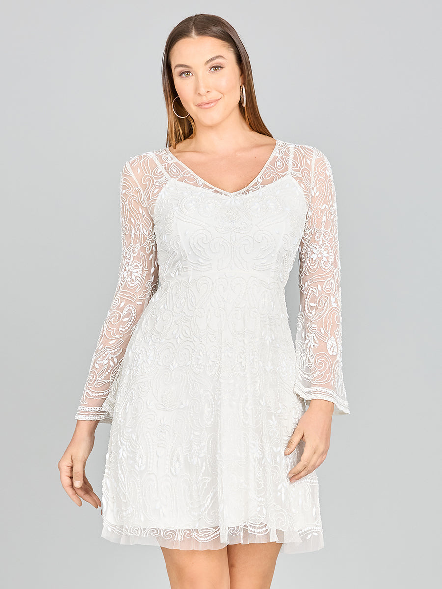 Lara Eliza Beaded A-line Bell Sleeve Bridal Short Dress Ivory