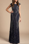 Lara 33609 - Cap Sleeve Modestly Covered Dress Navy