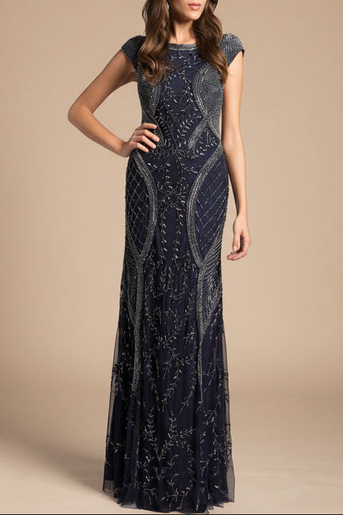 Lara 33609 - Cap Sleeve Modestly Covered Dress Navy