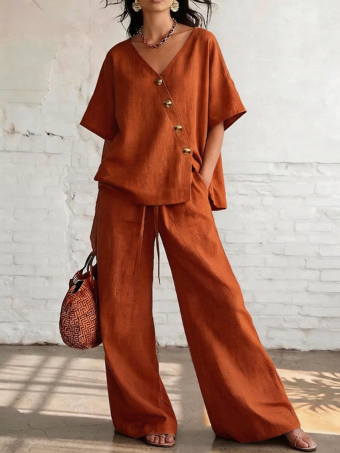 Women's Loose Cotton-Linen V-Neck Top & Wide-Leg Pants Set Orange Red
