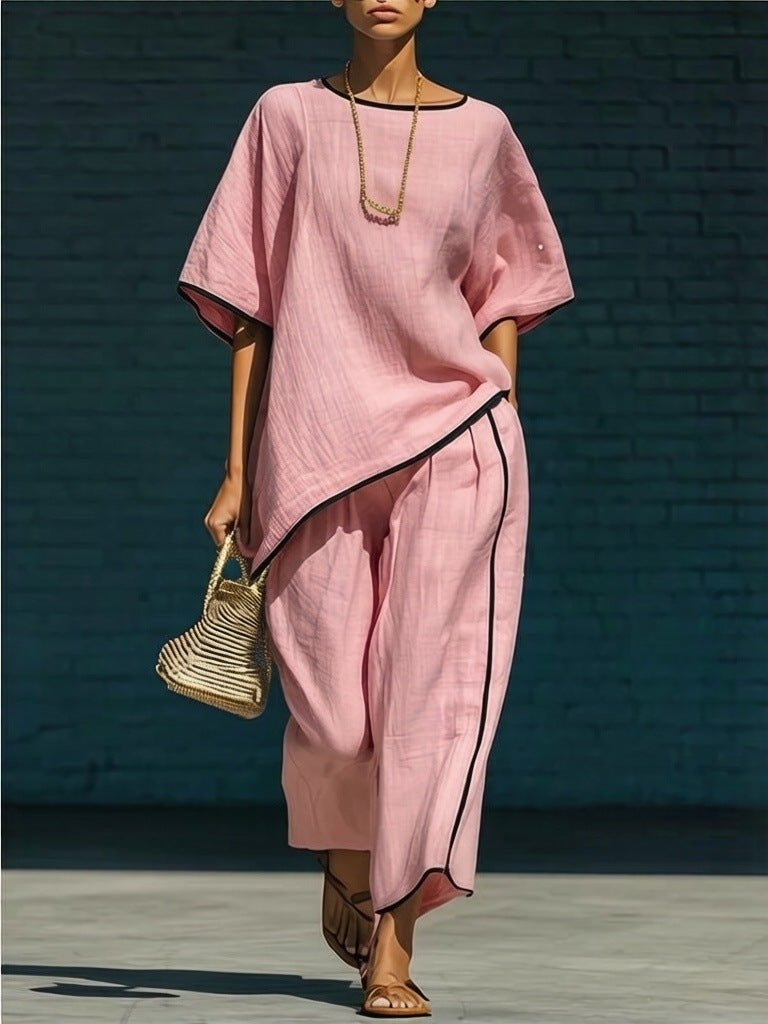 Women's Casual Resort Loose Short-Sleeve Top & Pants Set Pink