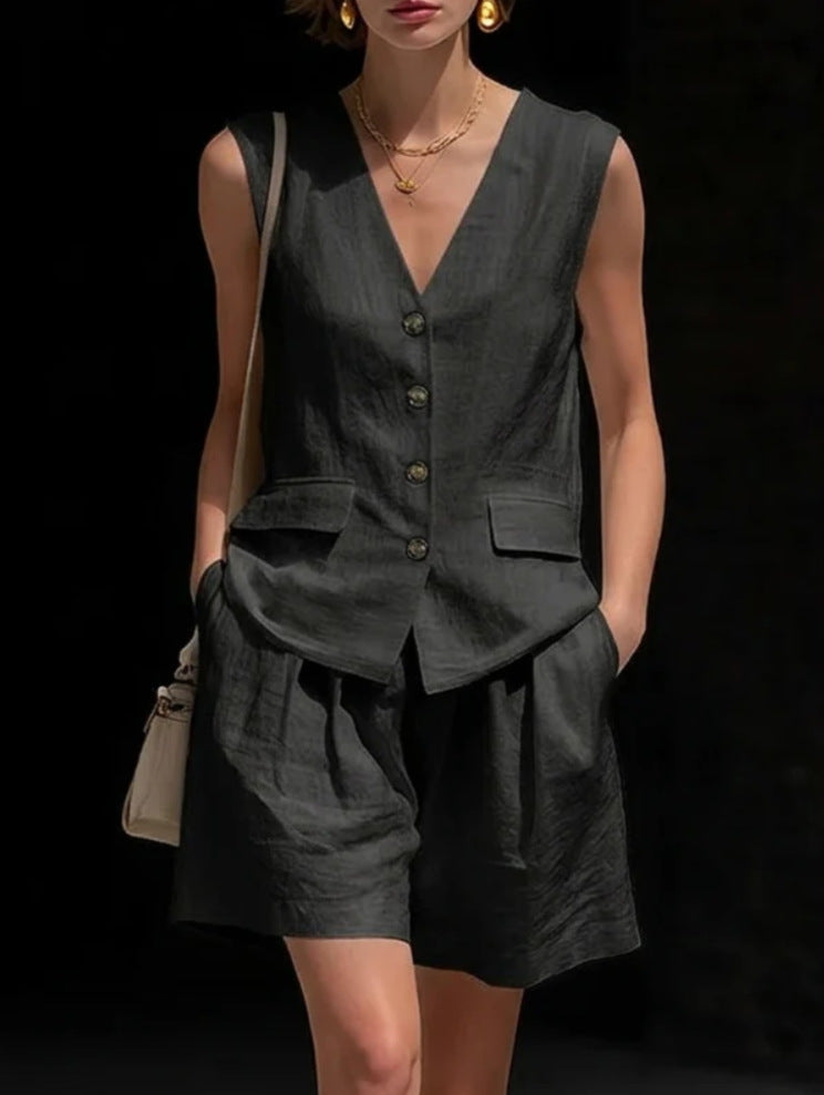 Women’s Cotton Linen Sleeveless Vest Top and Shorts Set Black
