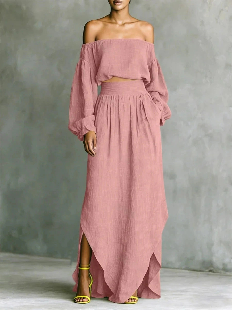 Off-Shoulder Top & Asymmetrical Maxi Skirt Set – Women's 2-Piece Outfit Pink