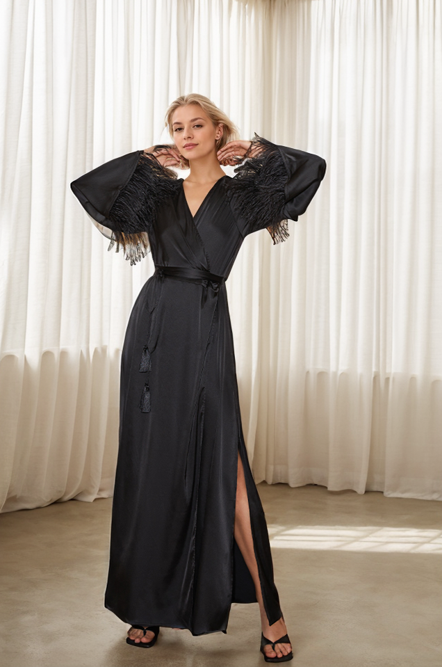 Luxury Feather-Trimmed Satin Robe - Elegant Full-Length Lounge & Bridal Wear Black