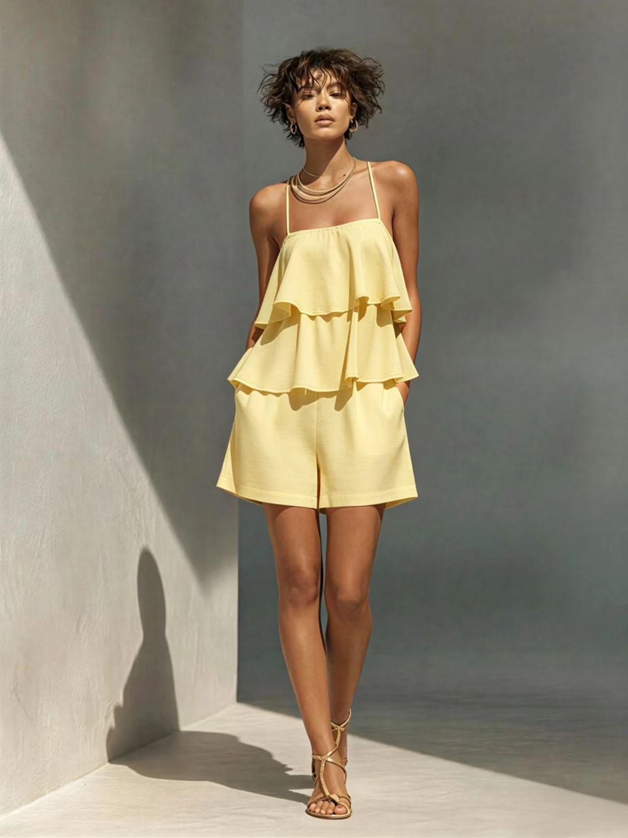 Women's Multi-Layer Ruffle Camisole & Shorts Set Yellow