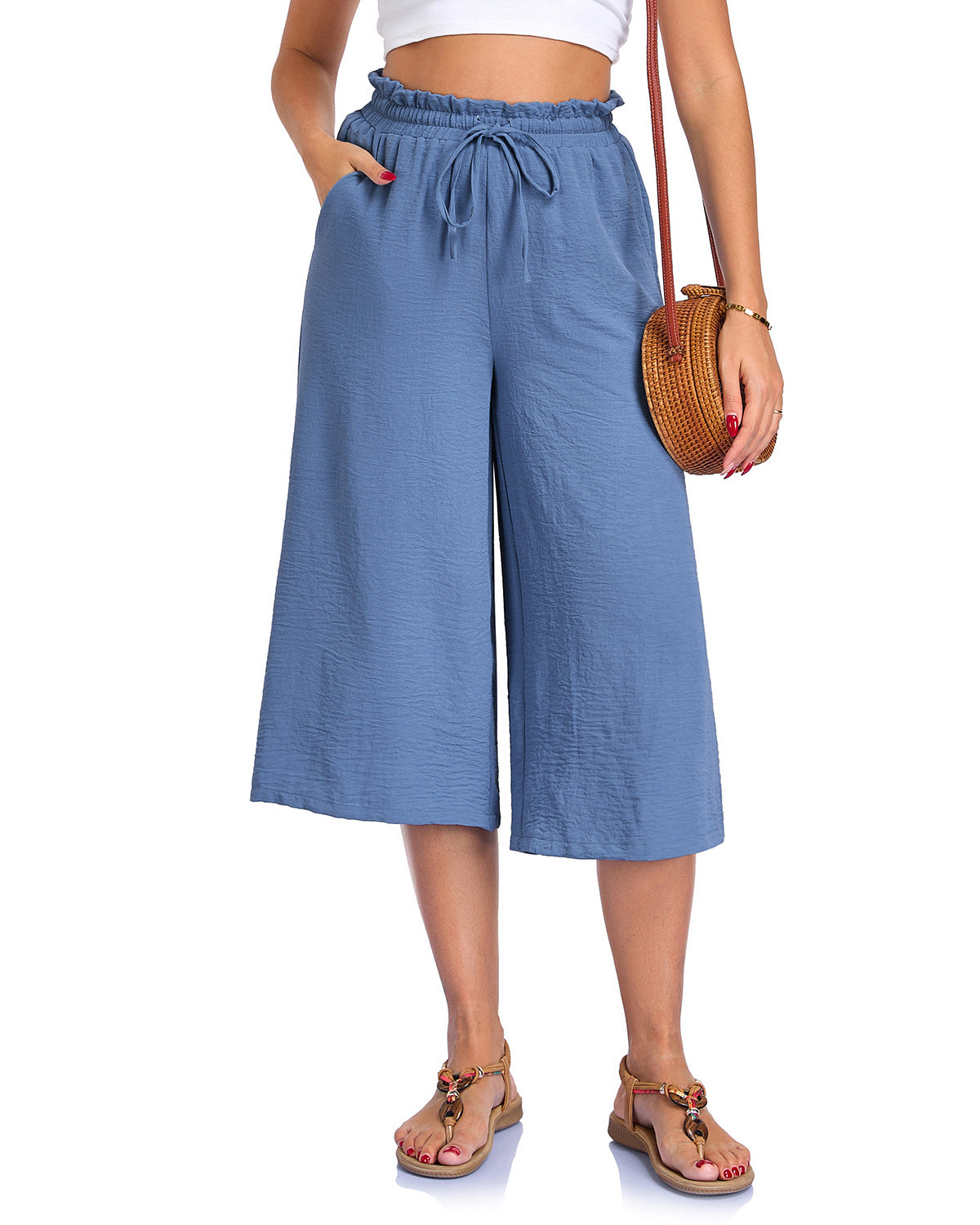 Women’s Elastic Cropped Wide-Leg Pants Blue