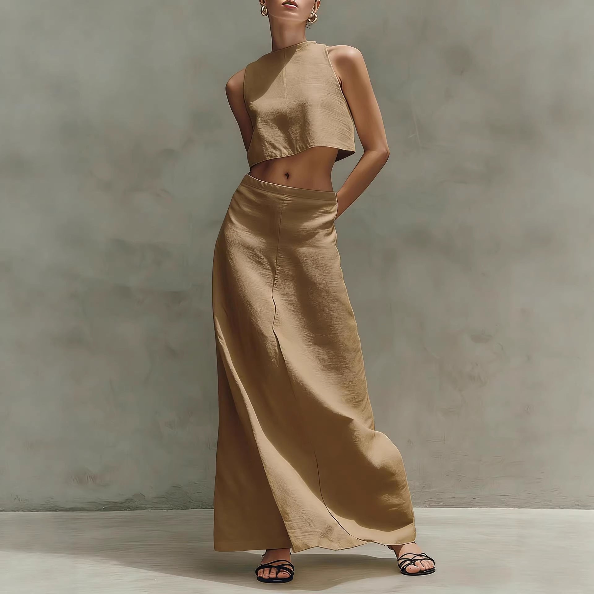 Women's Sleeveless Slimming Maxi Dress Two-Piece Set Khaki