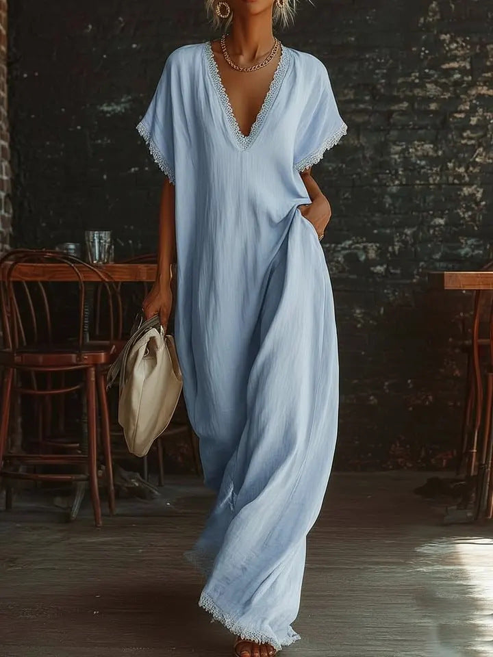 Lace-Trimmed Loose Linen Cotton Long Dress for Women Sky Blue