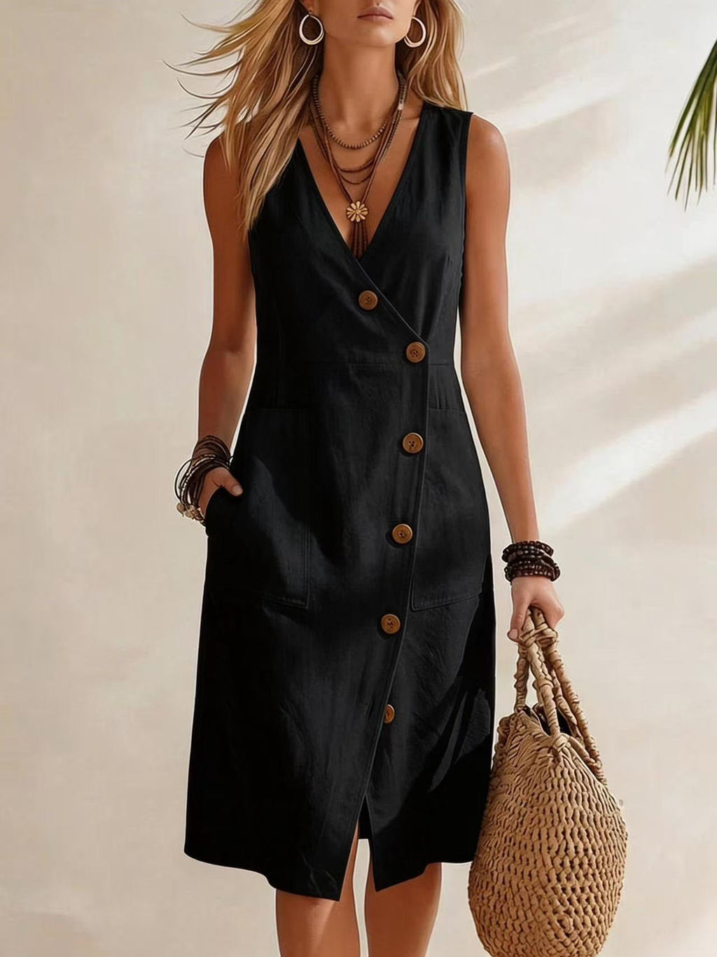 Women's Resort V-Neck Sleeveless Asymmetrical-Button Midi Dress Black