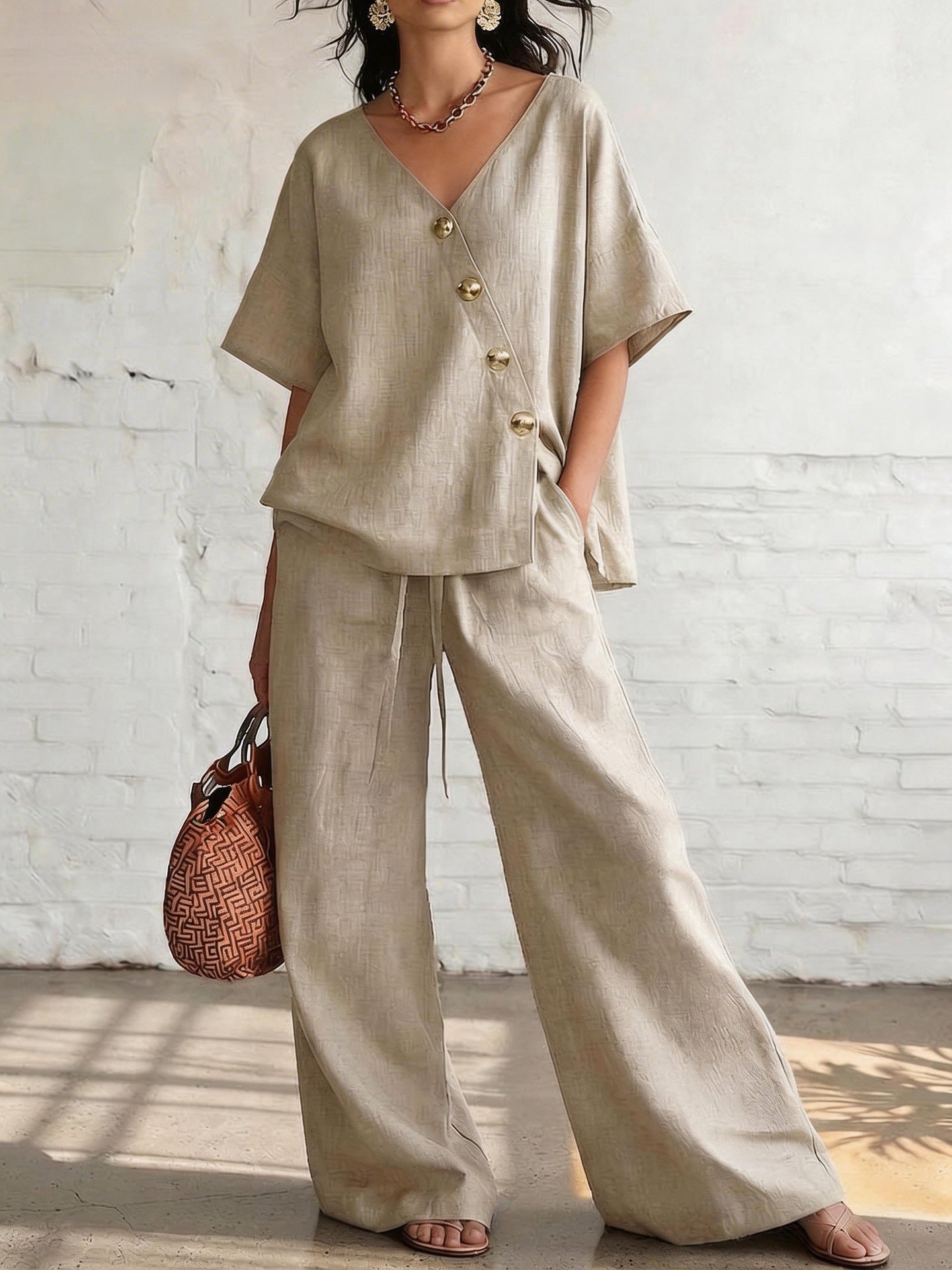 Women's Loose Cotton-Linen V-Neck Top & Wide-Leg Pants Set Beige